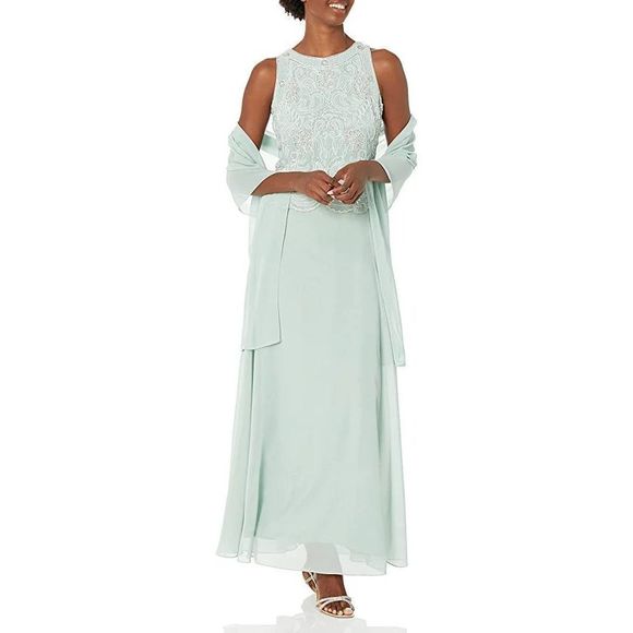 J Kara Women's Sleeveless Scallop Long Beaded Dress W/Scarf Celadon - Picture 1 of 16